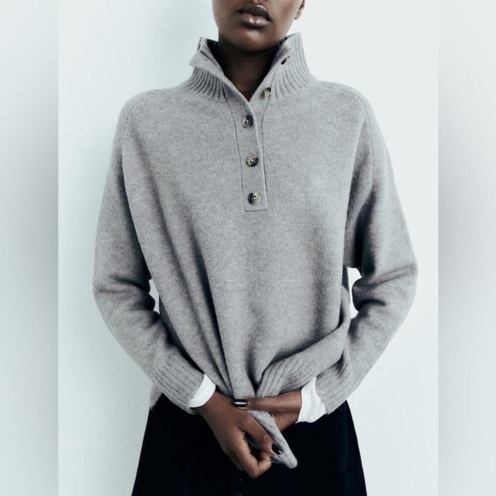 Zara Gray Wool Knit Mock Neck Henley Button Long Sleeve Sweater Size Small
